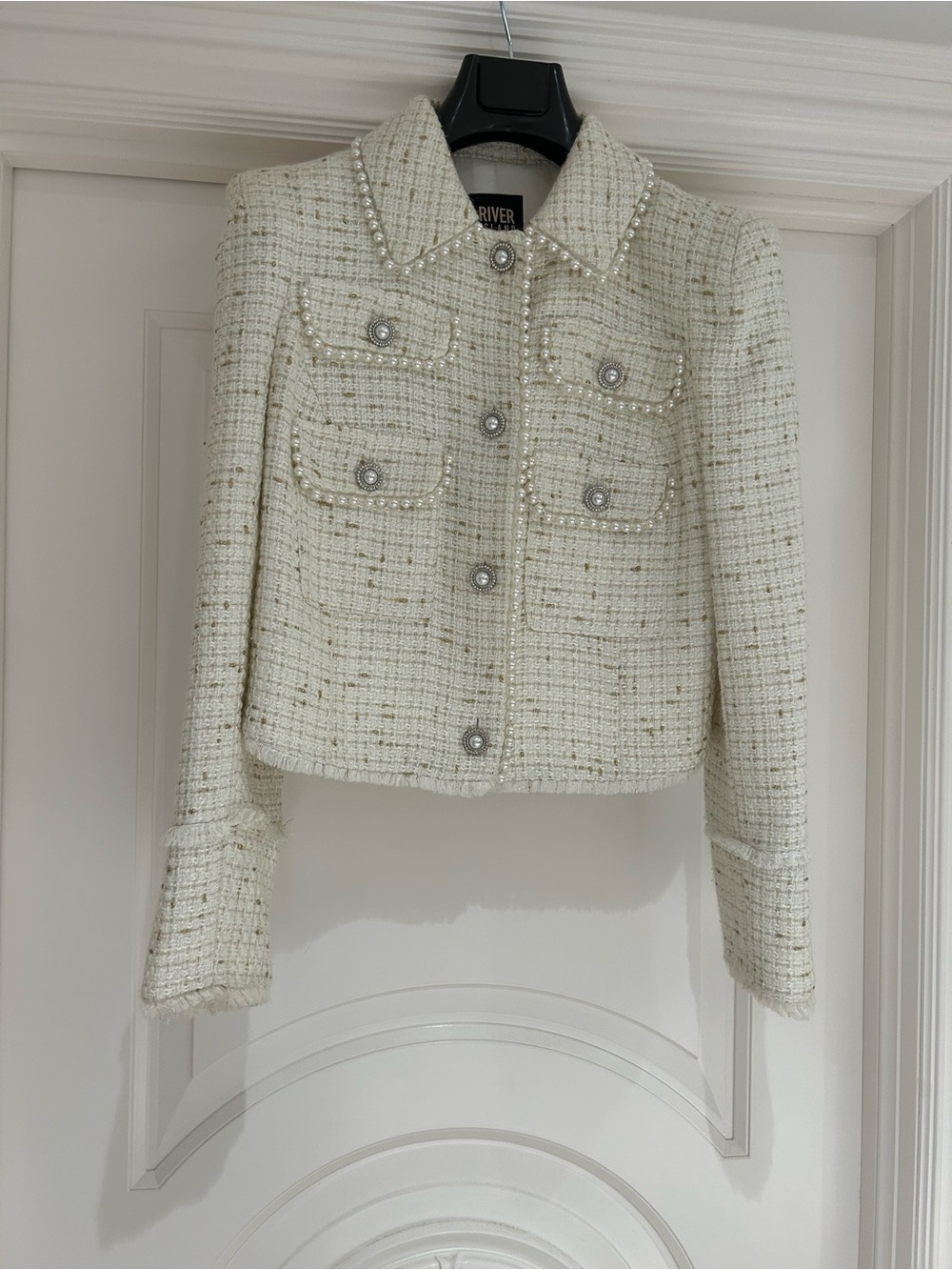 River Island Ivory Tweed Pearl-Trim Blazer